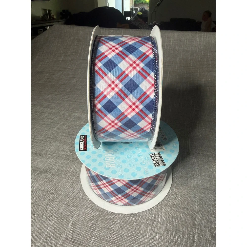 2 Rolls Kirkland Signature Plaid Wire Edged Ribbon Red White Blue 50yd 2.5in